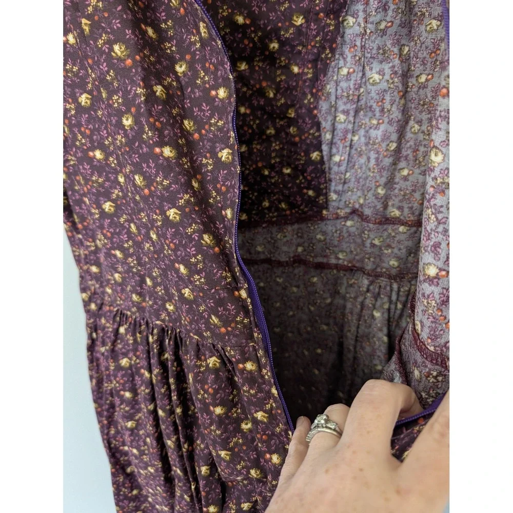 Vintage Plum Floral Calico Prairie Midi Dress Lace Trim Cottagecore XL Handmade - Picture 14 of 14